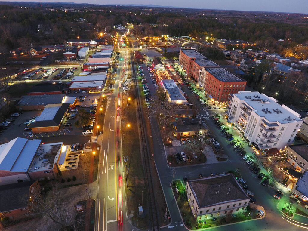 Aerial view of downtown Woodstock, GA at dusk